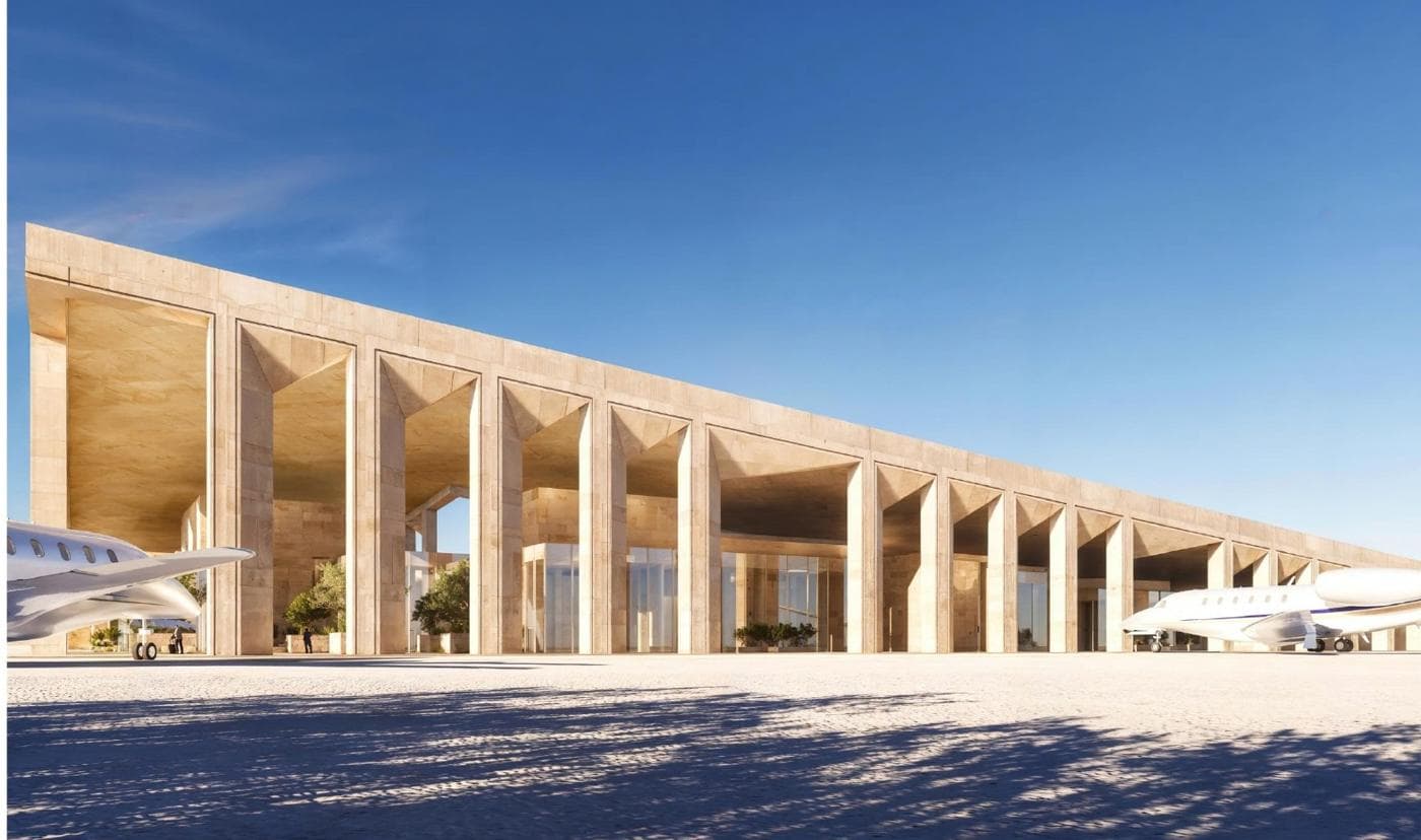 Render of the new Ras El Hekma airport terminal with a long colonnade