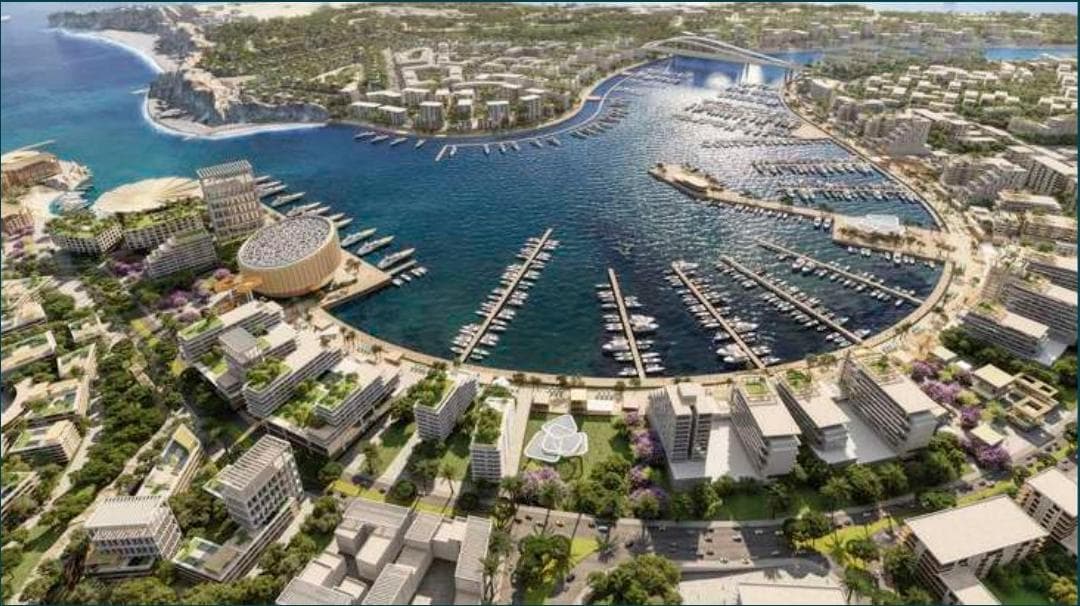 Aerial render of the City Center around a marina