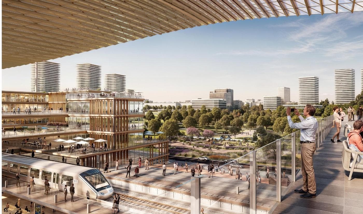 Render of a rapid transit station with a train and a park