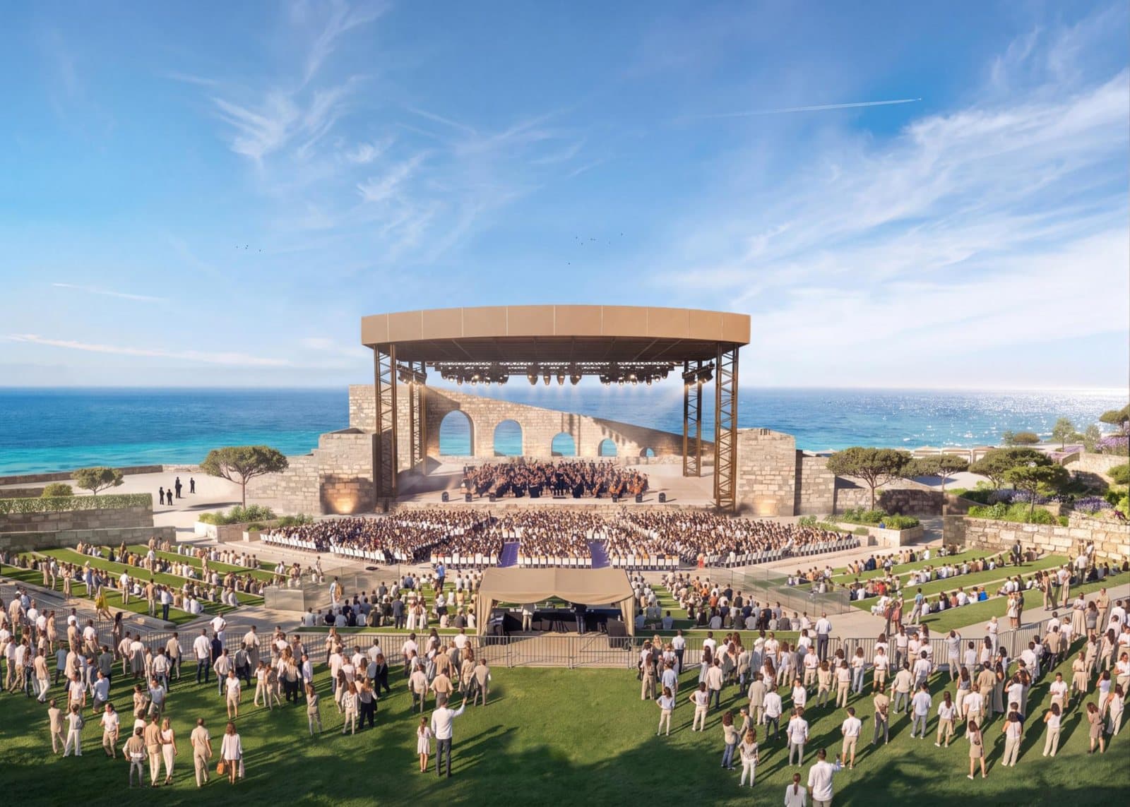 Render of the Wadi Yemm amphitheatre on the beach, with a stage facing the sea
