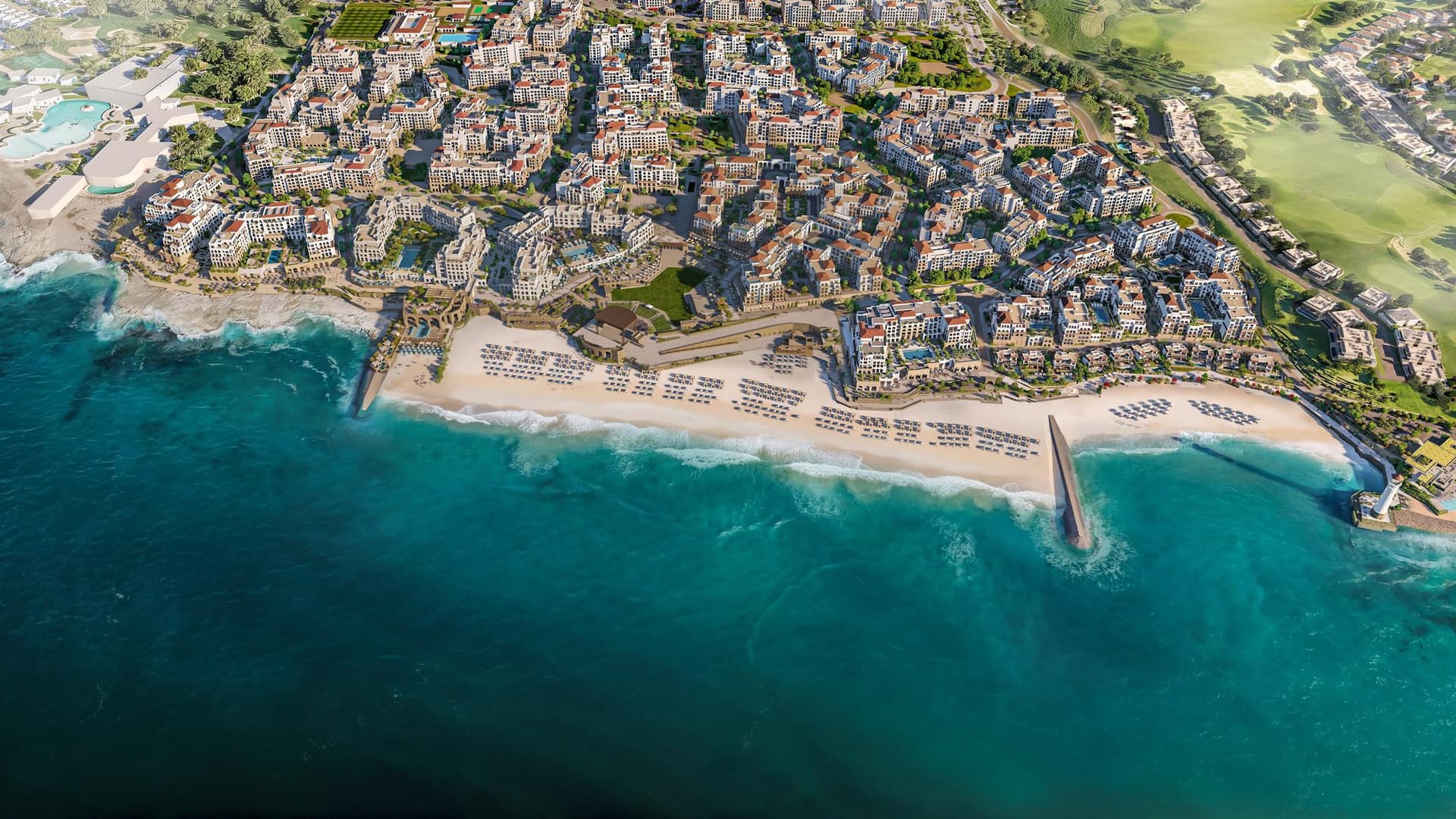 Yemm Beach Plaza and its beach from the air