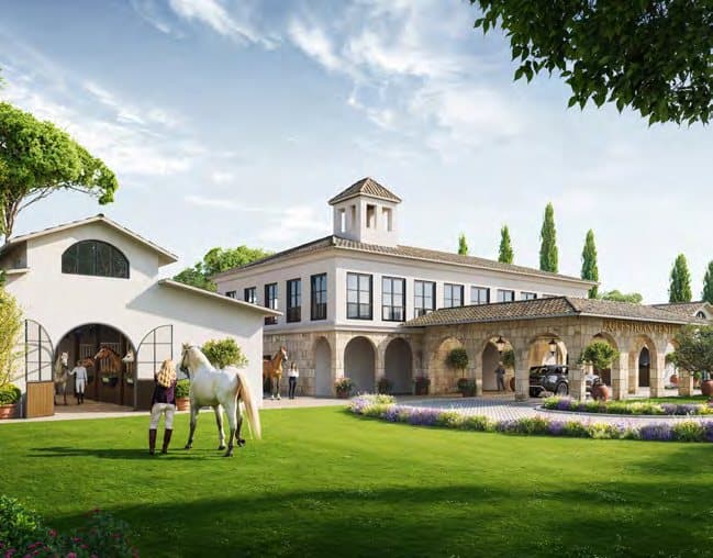 Render of the Wadi Yemm equestrian centre with a rider and horse on the lawn