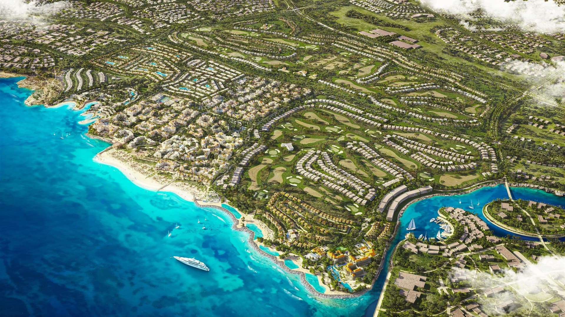 Aerial render of Wadi Yemm: the beach, the golf courses, the canal and the marina