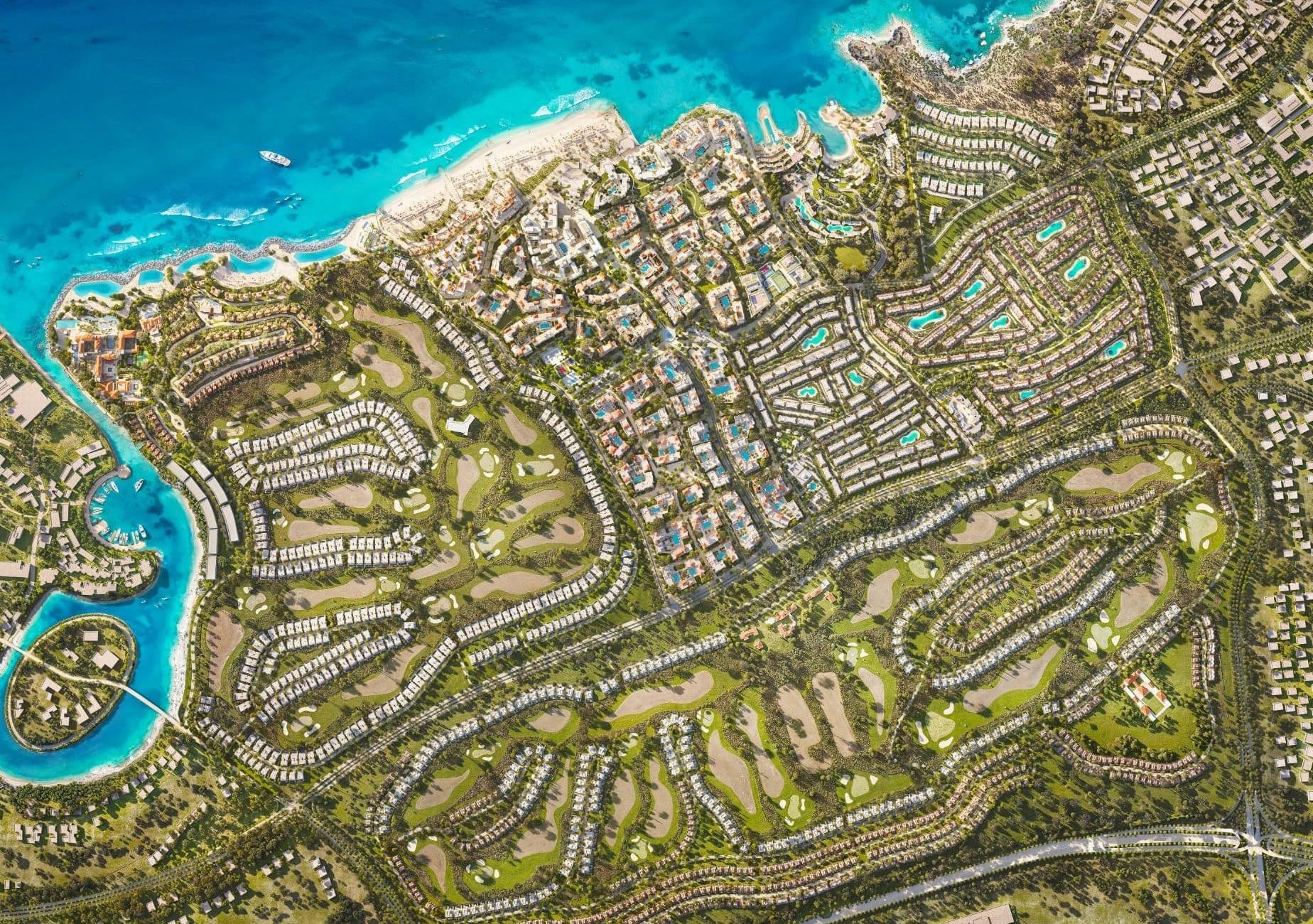 Wadi Yemm masterplan from directly above: the beaches, the canal, the golf courses and the communities