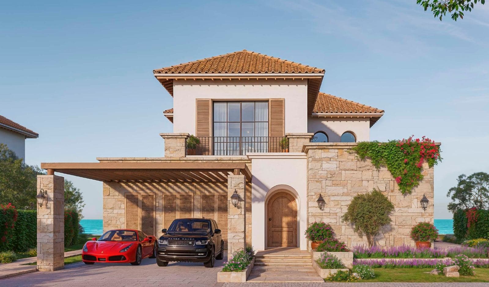 Front of a Montage Residences villa with tiled roof and stone walls