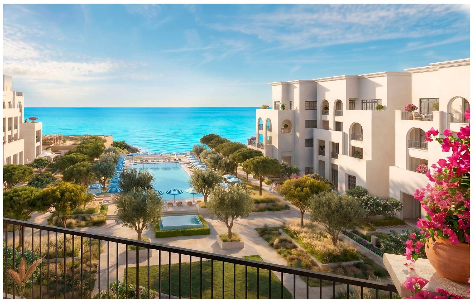 Terrace view over Nammos Residences pools to the sea