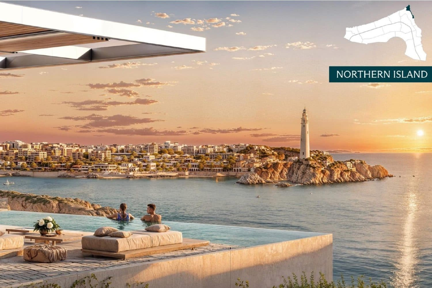 Modon render of North Point Island, with a small master plan showing where it sits in Ras El Hekma