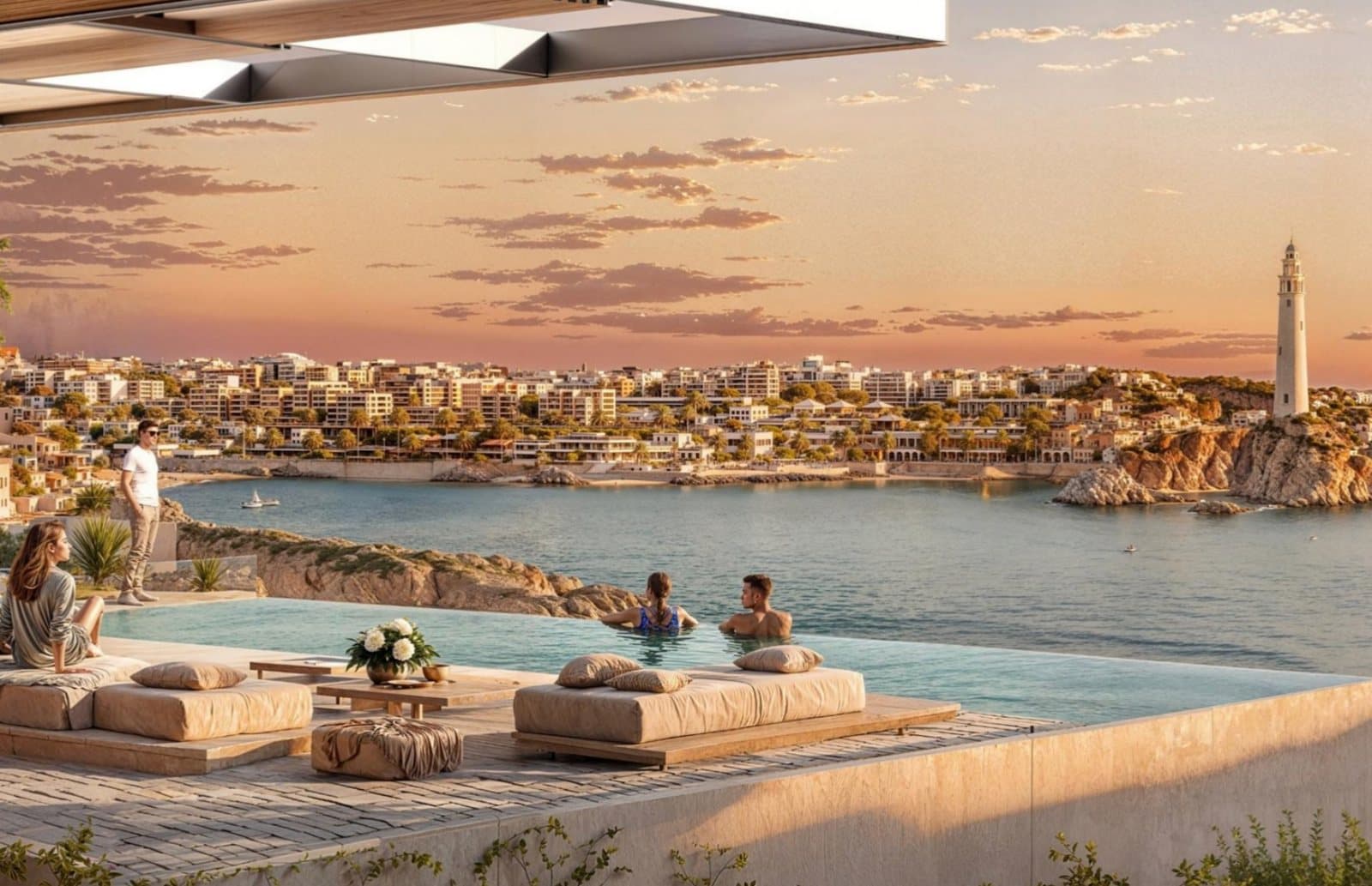 Render of a terrace and infinity pool looking across the bay to the lighthouse at sunset