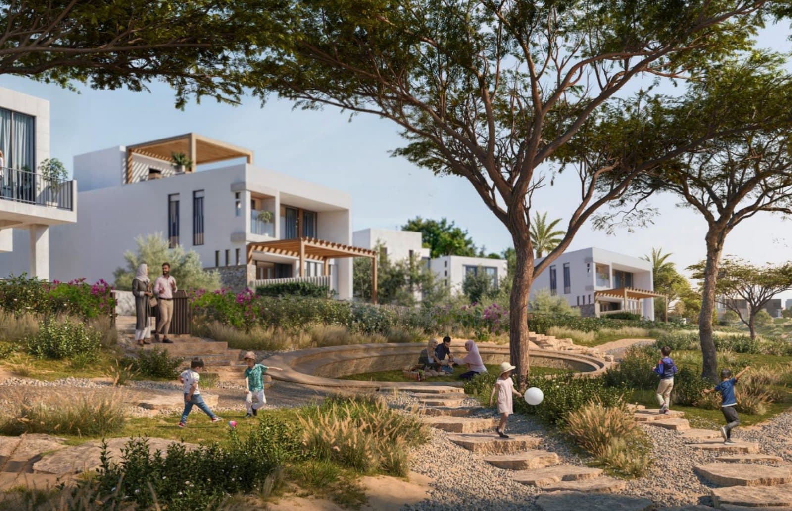 Render of white homes among trees with families on a landscaped path