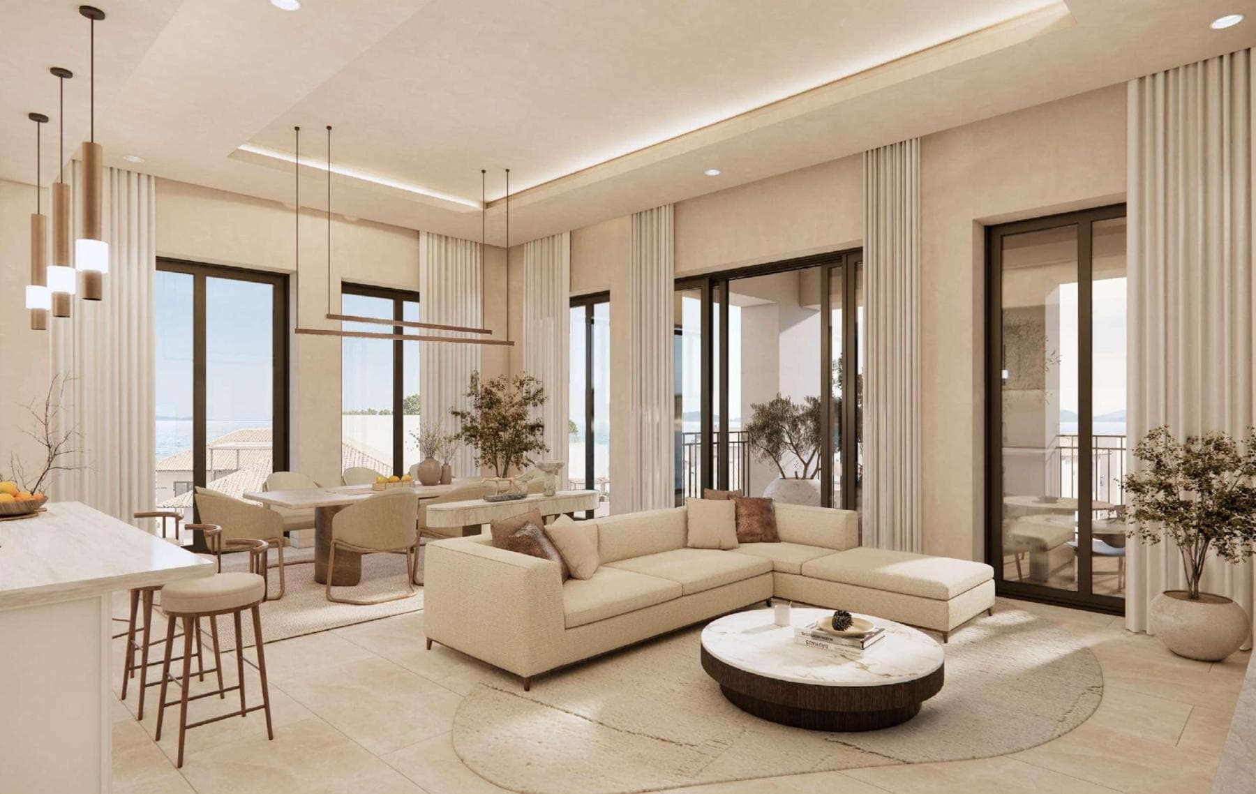 Living and dining room with sea views