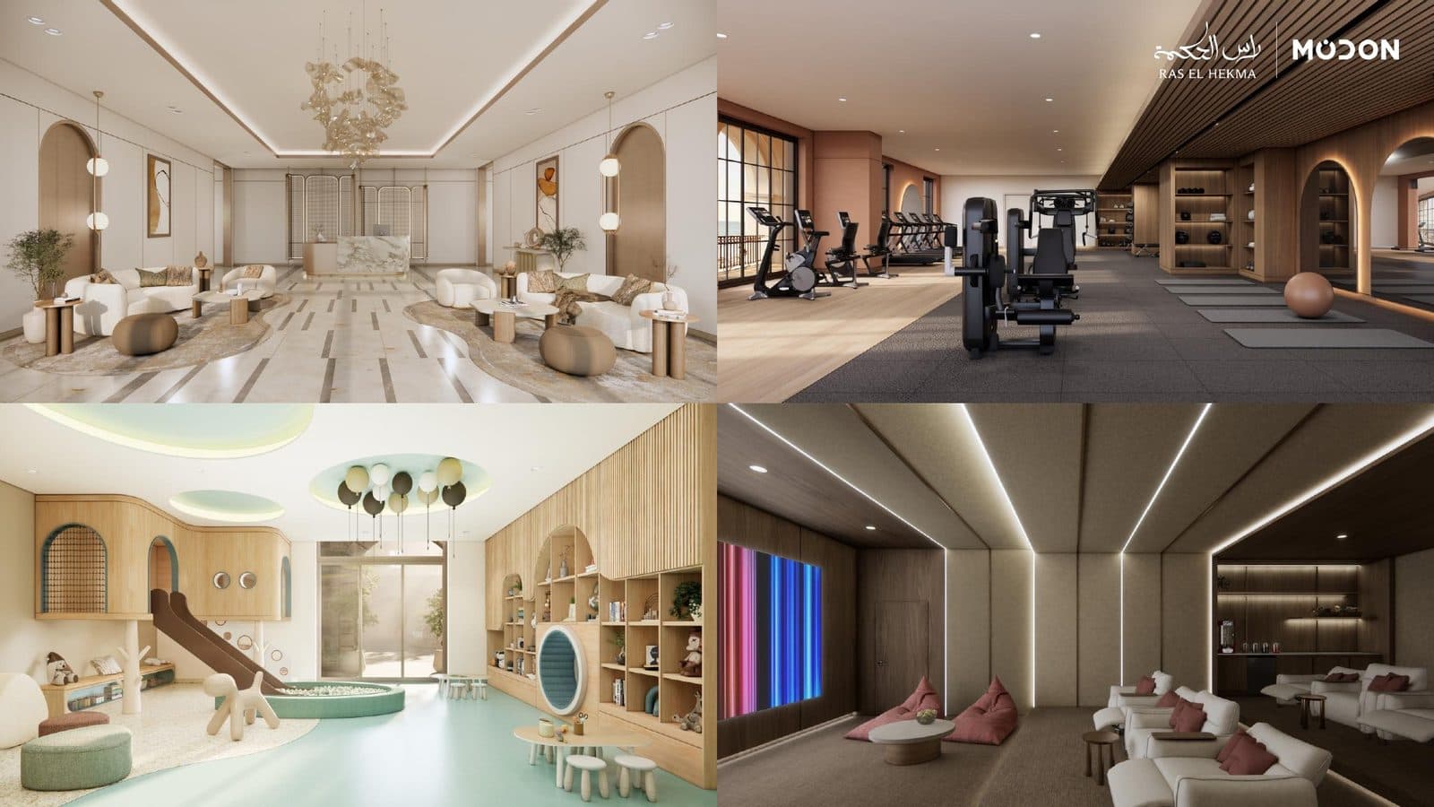 Renders of a Beach Plaza lobby, gym, kids' room and media room