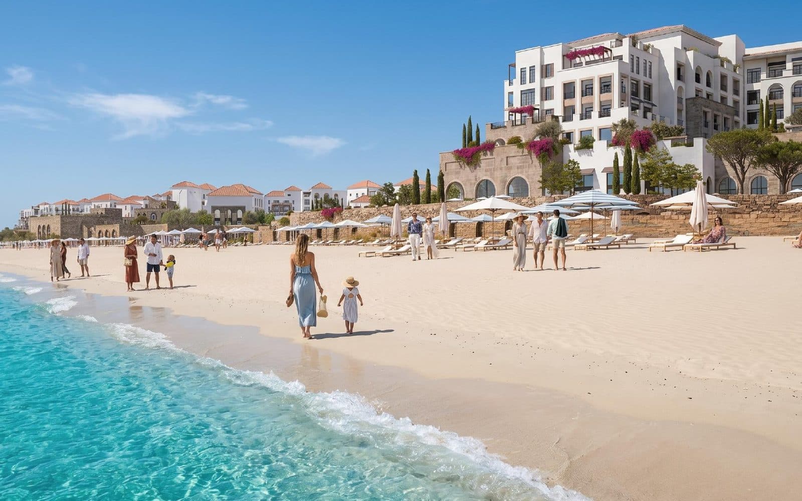 Render of families on the beach below the Beach Plaza buildings