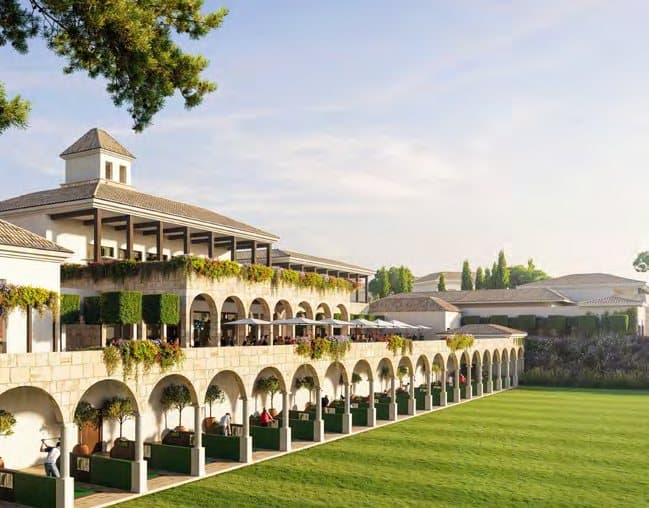 Render of the Wadi Yemm country club with arched terraces over the lawn