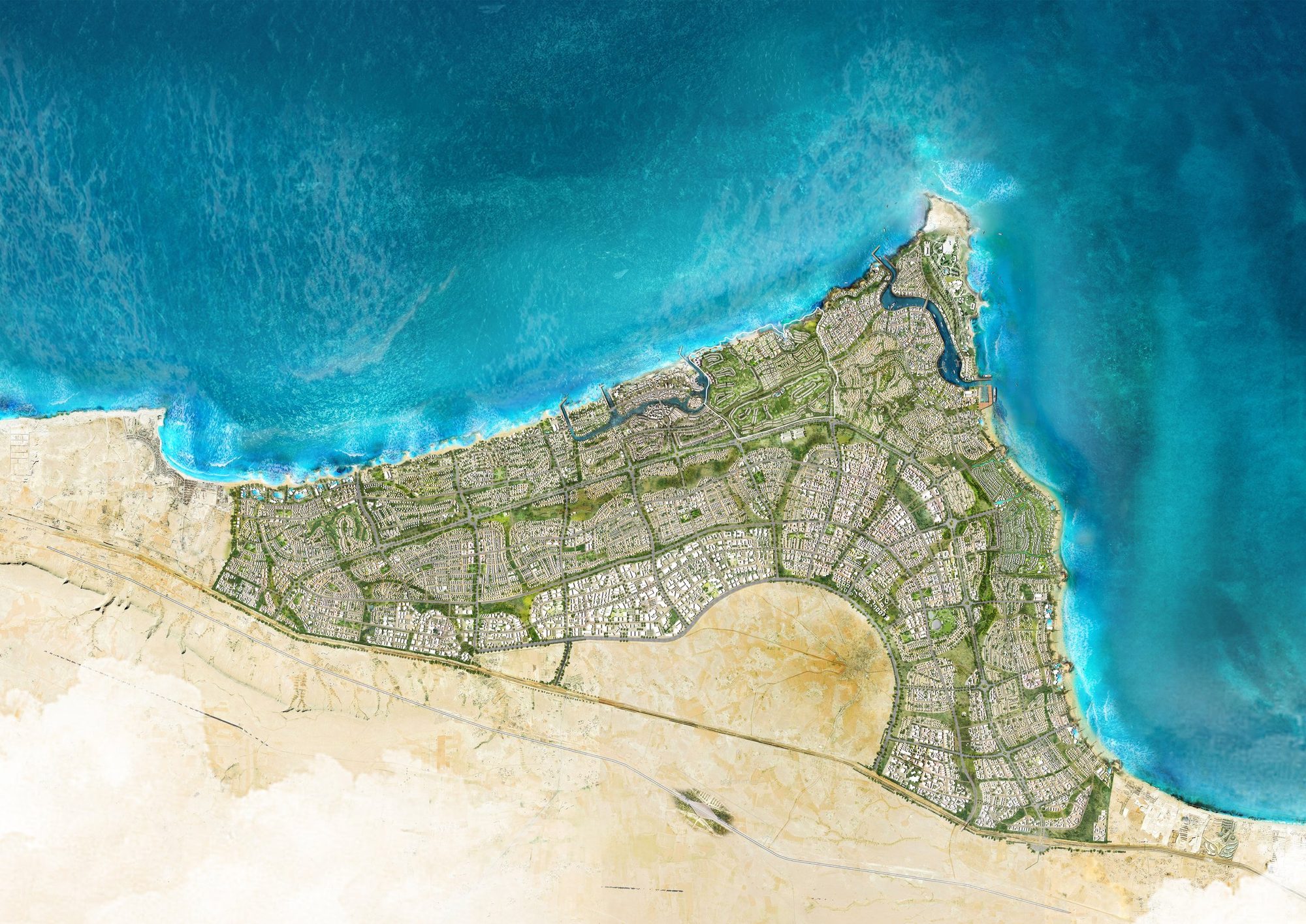 Aerial masterplan of the whole of Ras El Hekma city on the headland